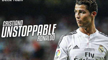 A photo of Cristiano Ronaldo wearing a Real Madrid jersey with the words “UNSTOPPABLE RONALDO” superimposed over the image. His face is obscured by a pixelated block.