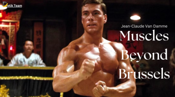 Jean-Claude Van Damme displaying his muscular build with the text “Muscles Beyond Brussels” overlaid.